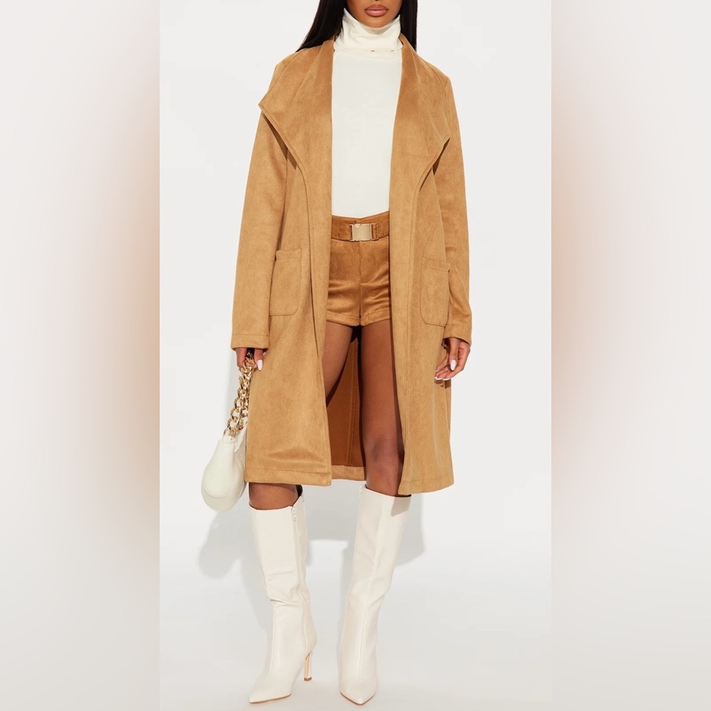 Tan Faux Suede Collar Belted Front Pocket Trench Coat - Picture 7 of 11